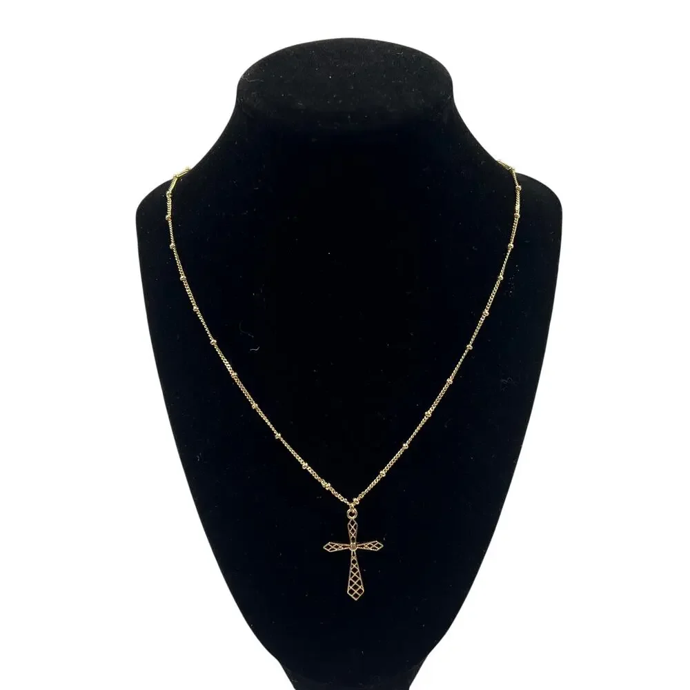 Vintage Gold Tone Filigree‎ Religious Cross Rhinestone Center Necklace 20